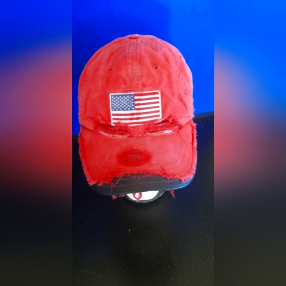 Red Distressed Cap with American Flag Patch